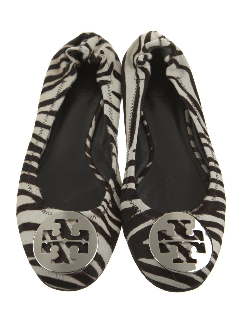 Tory Burch Logo Animal Print Zebra White Black Ponyhair Ballet Flats Shoes Sz 6